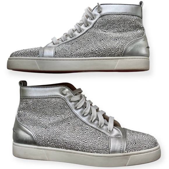 Mens Christian Louboutin Louis High Top Sneakers Silver Metallic Crystal Size 45 - Picture 4 of 12